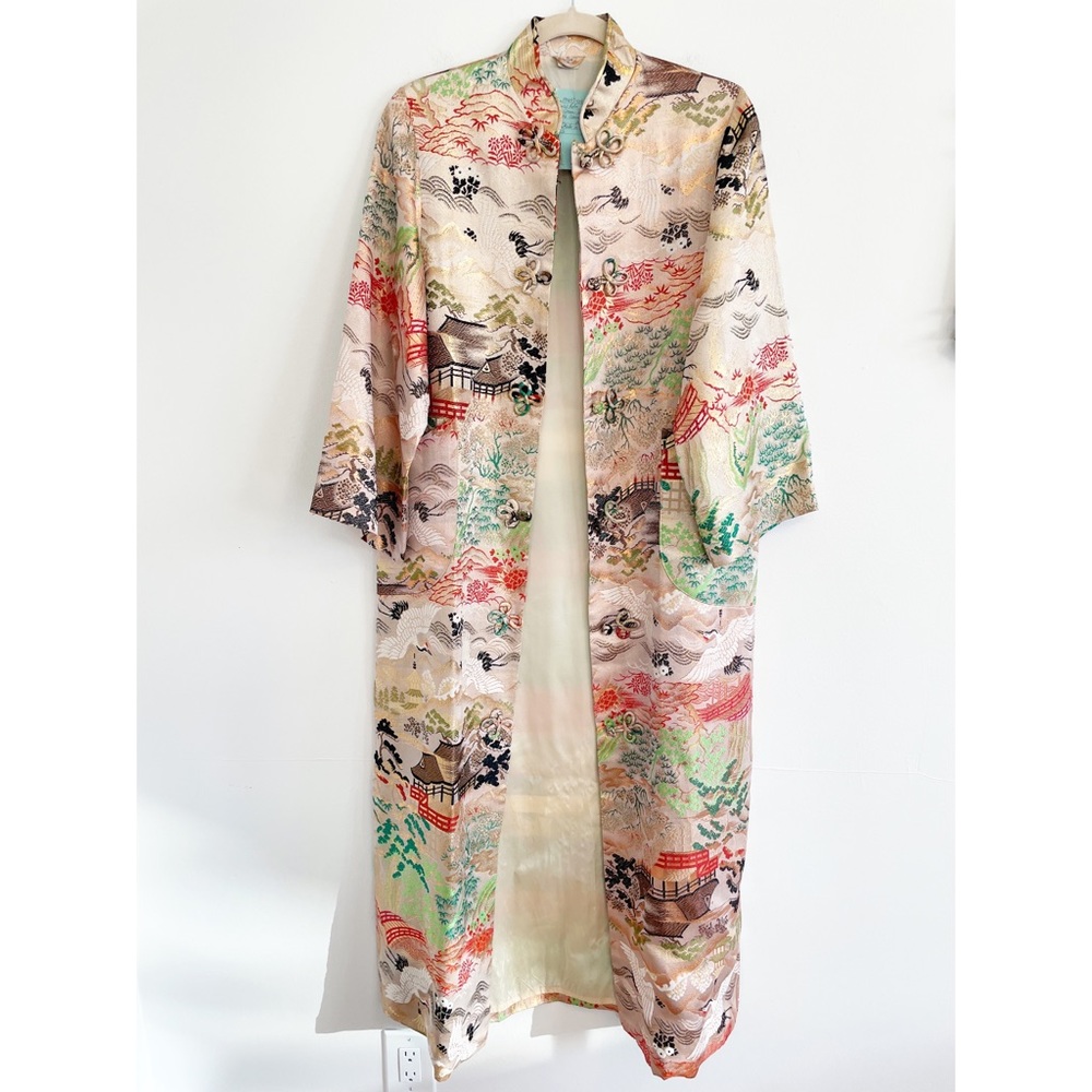 VINTAGE Japanese traditional robe kimono brocade crane tree long 1940s 1950s S